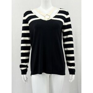 August Silk Top Womens Medium Black Cream Striped V-Neck O-Ring Knit Office Work